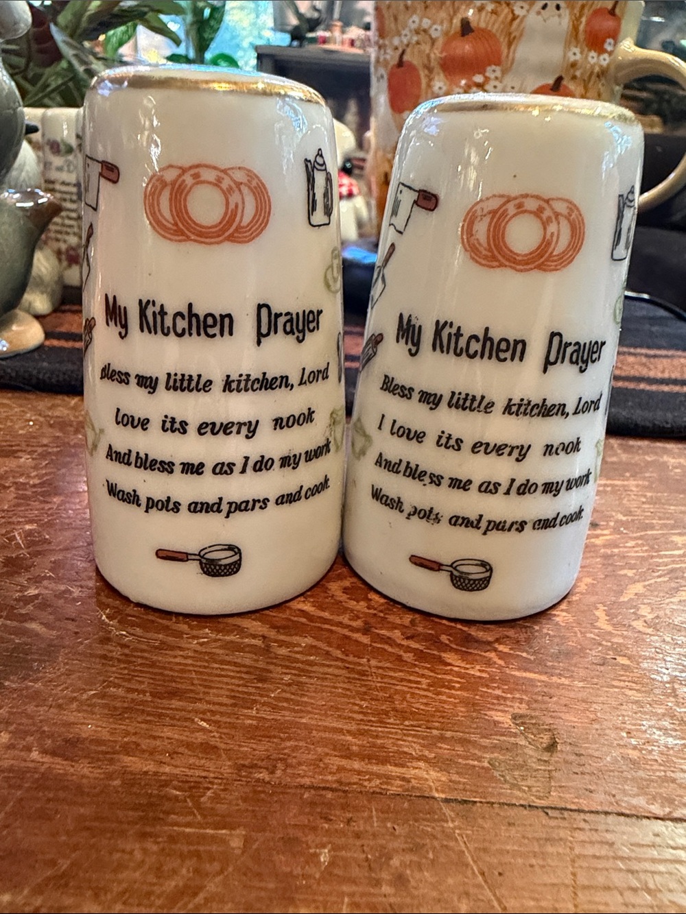 My Kitchen Prayer Ceramic Salt & Pepper Shakers - White with Orange Accents